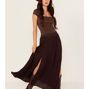 Shyanne Boot Barn Lace Inset Maxi Skirt, Brown, Size L, NWT